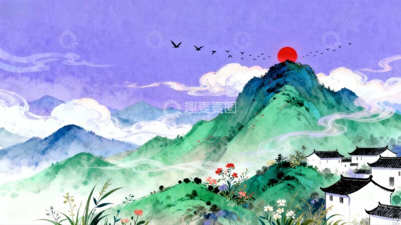 高清大图下载【趣麦麦图】自然山水田园风景水彩插画