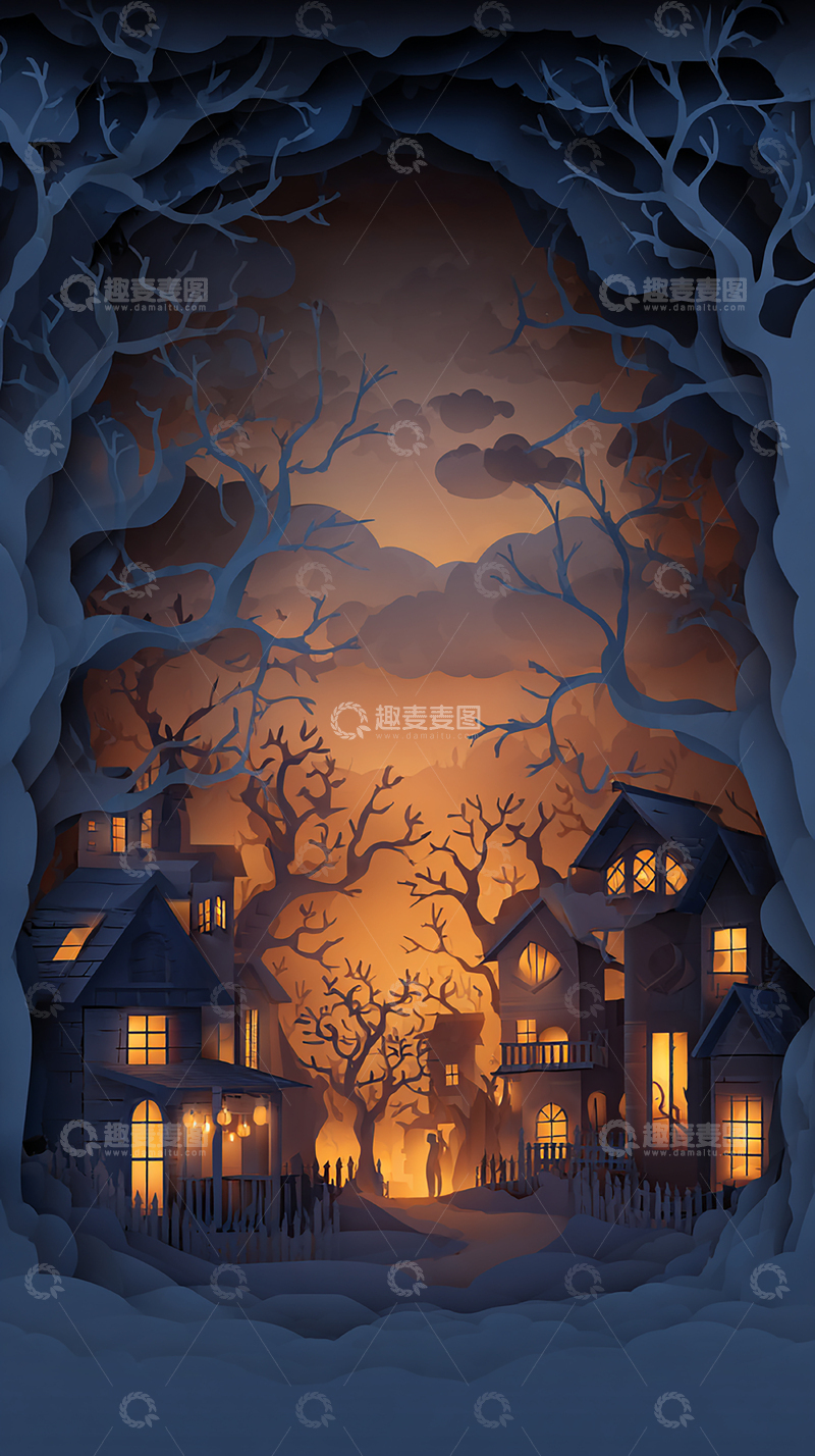高清大图下载【趣麦麦图】冬夜幽暗的村庄