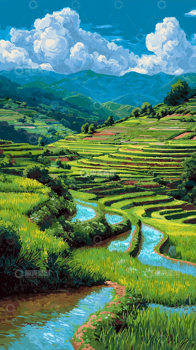 高清大图下载【趣麦麦图】蓝天白云下的乡村田园
