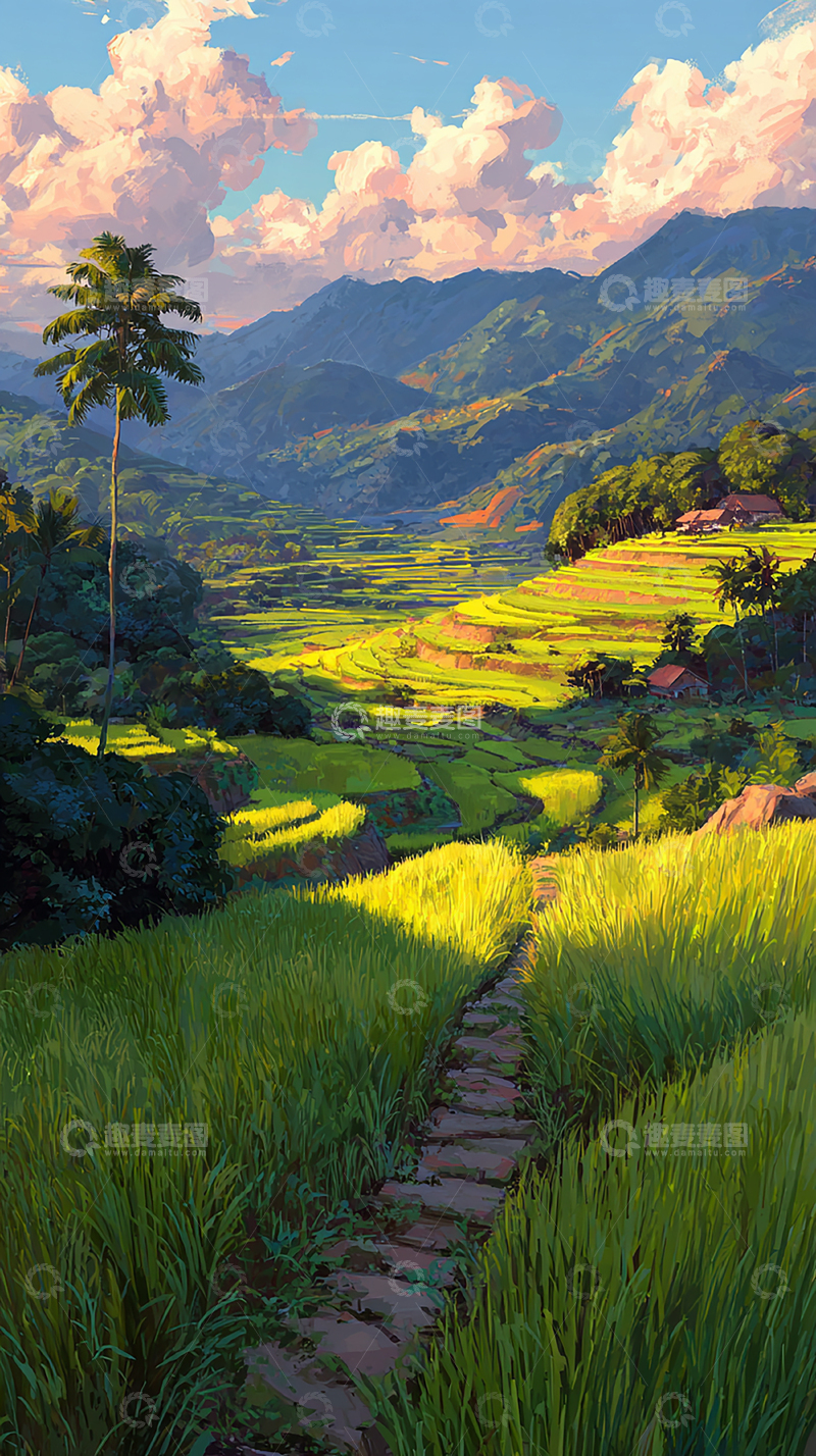 高清大图下载【趣麦麦图】山间阳光下的稻田景色