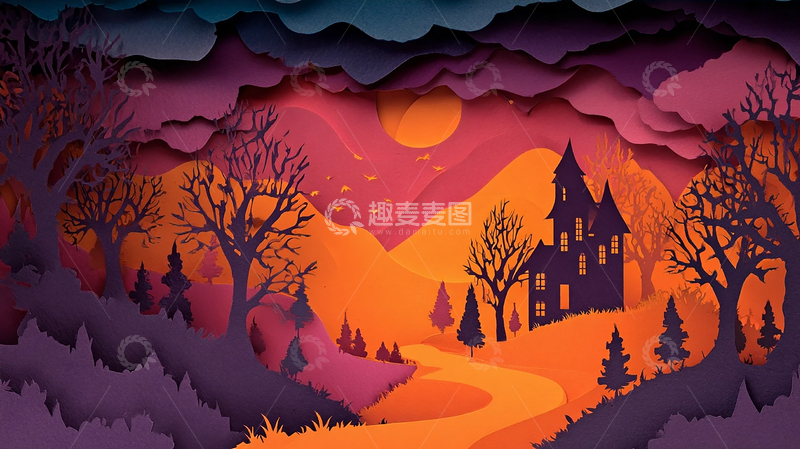 高清大图下载【趣麦麦图】幽暗鬼屋夜景剪纸艺术