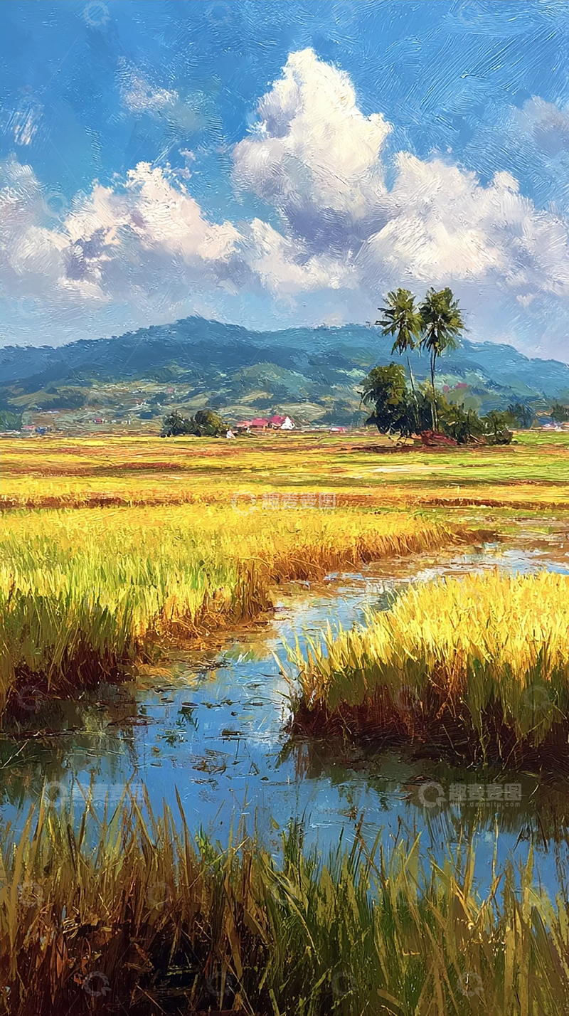 金色稻田与青山远景