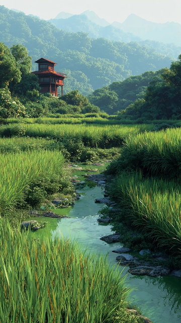 山间竹林中的小屋