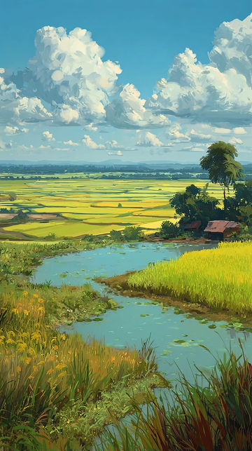 绿色稻田水乡画作