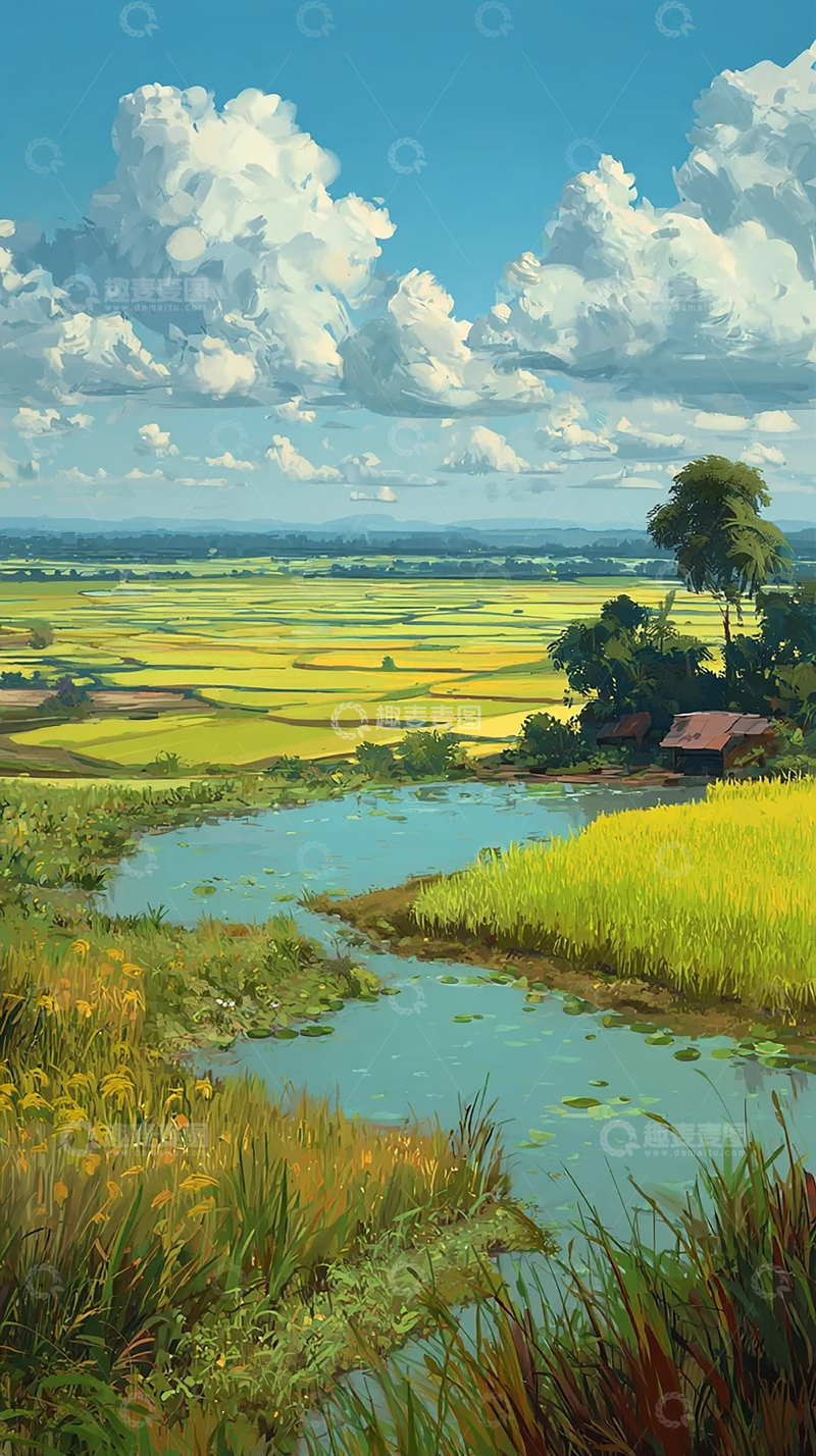 高清大图下载【趣麦麦图】绿色稻田水乡画作