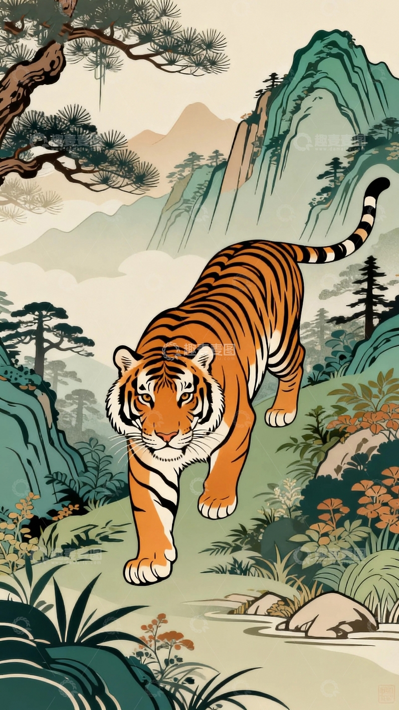 高清大图下载【趣麦麦图】工笔画山间的老虎8