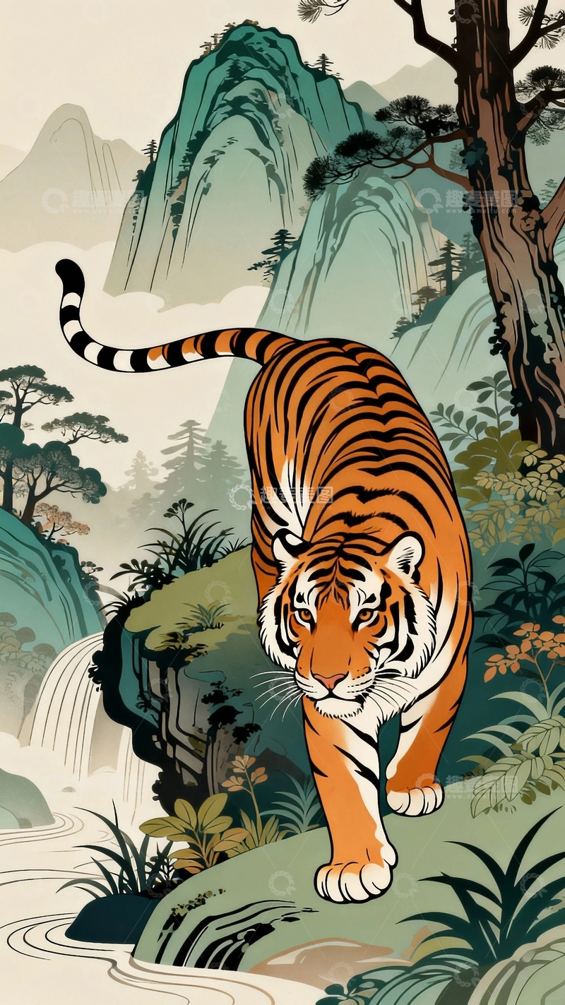 高清大图下载【趣麦麦图】工笔画山间的老虎7