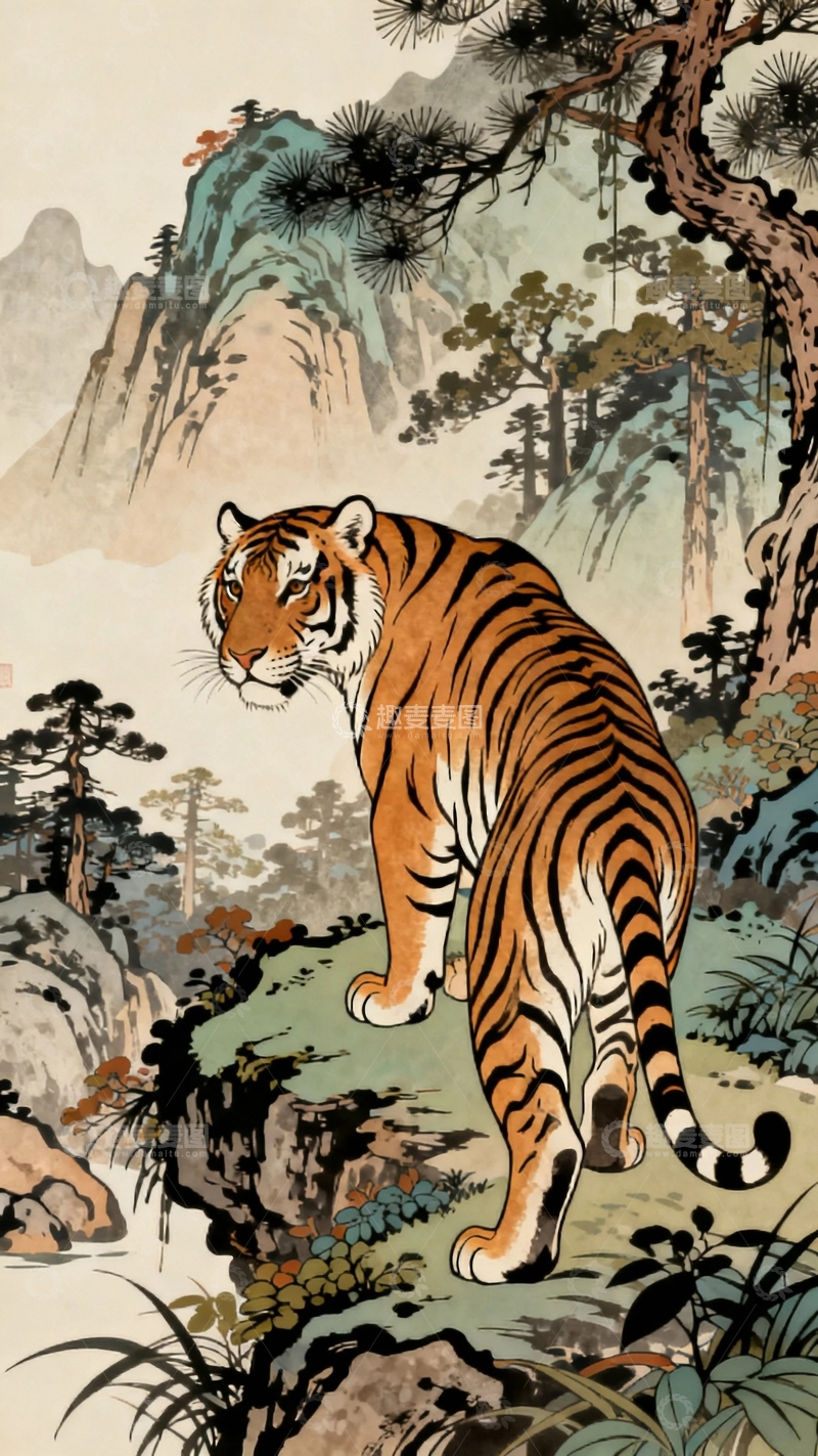 高清大图下载【趣麦麦图】工笔画山间的老虎2