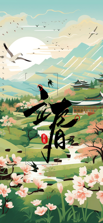 立春春日山水中国画风景插画