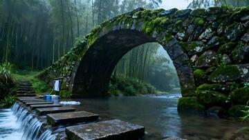 古朴石桥流水风景画