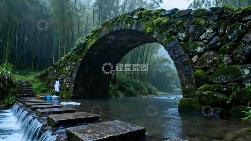 高清大图下载【趣麦麦图】-古朴石桥流水风景画