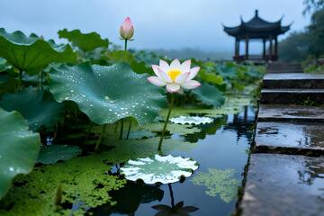 荷花亭台水景水墨画