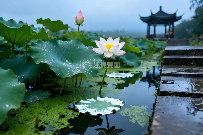 高清大图下载【趣麦麦图】-荷花亭台水景水墨画