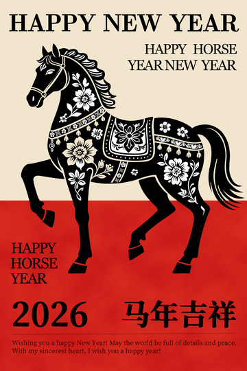 剪纸风格马年新年祝福海报设计