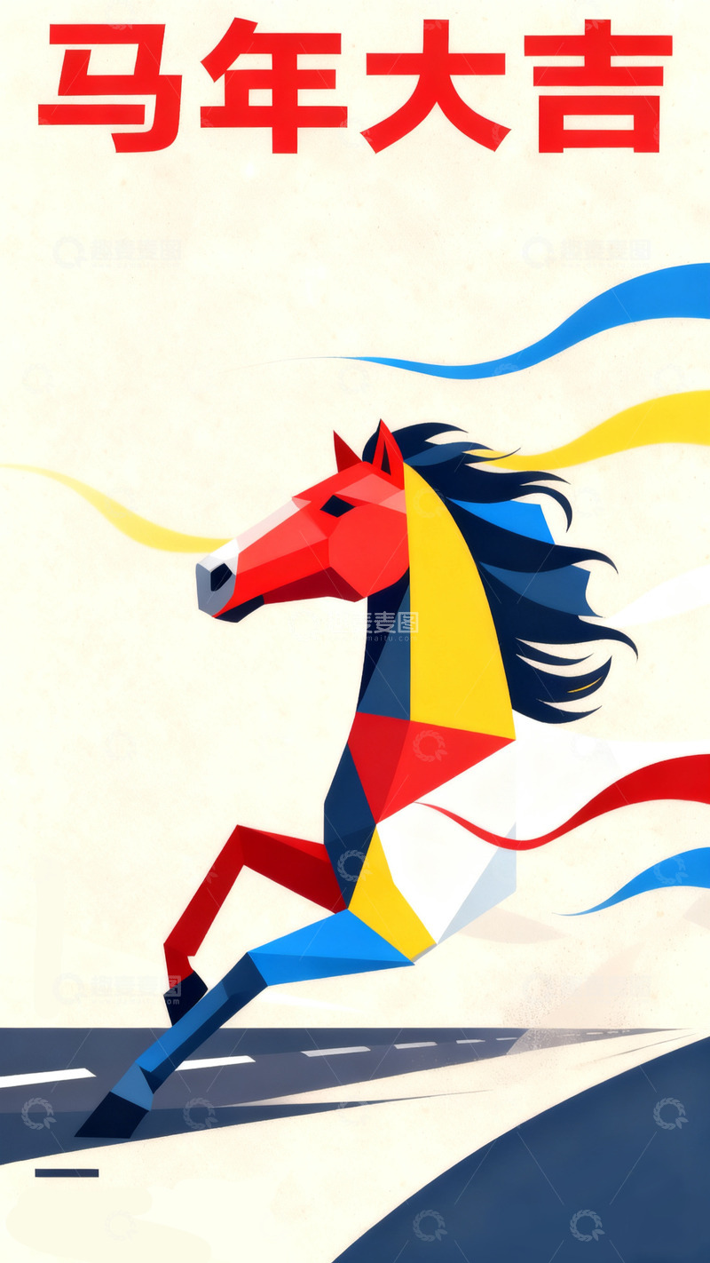 高清大图下载【趣麦麦图】几何色块简约抽象马年海报