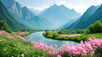 唯美自然风光美景溪流山川粉色花海