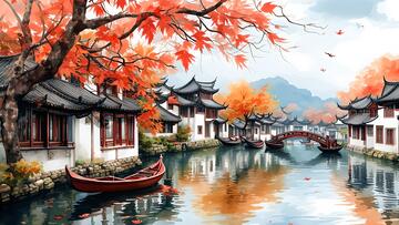 古典江南水乡秋季手绘风景画