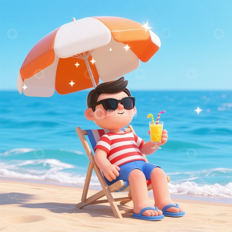 高清大图下载【趣麦麦图】夏日海滩卡通休闲插画