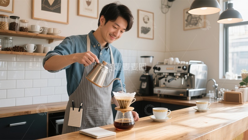 高清大图下载【趣麦麦图】咖啡馆内年轻咖啡师倒咖啡