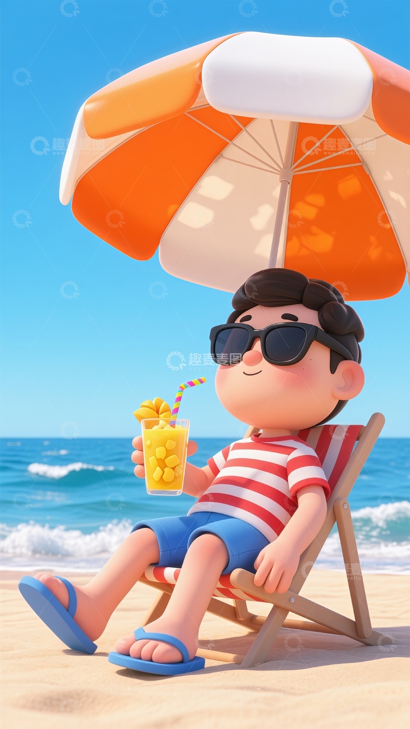 高清大图下载【趣麦麦图】卡通海滩度假插画