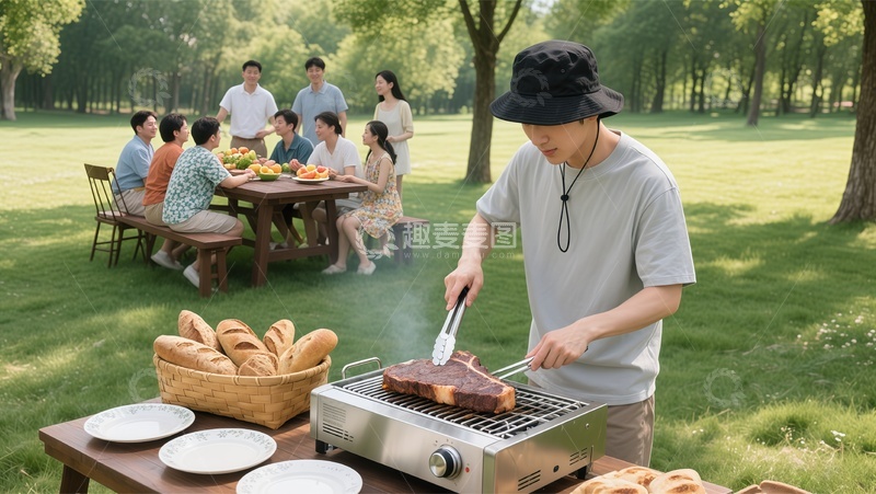 高清大图下载【趣麦麦图】户外野餐家庭烧烤聚会