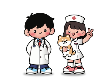 卡通医生护士与宠物狗