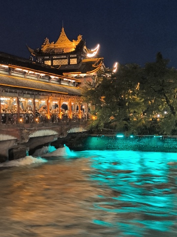 夜晚古风桥梁河水美景