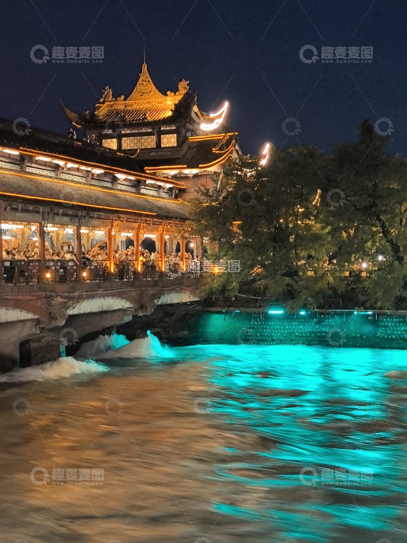 高清大图下载【趣麦麦图】夜晚古风桥梁河水美景