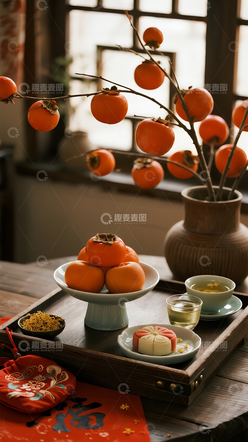 高清大图下载【趣麦麦图】重阳节柿子重阳糕绿茶2