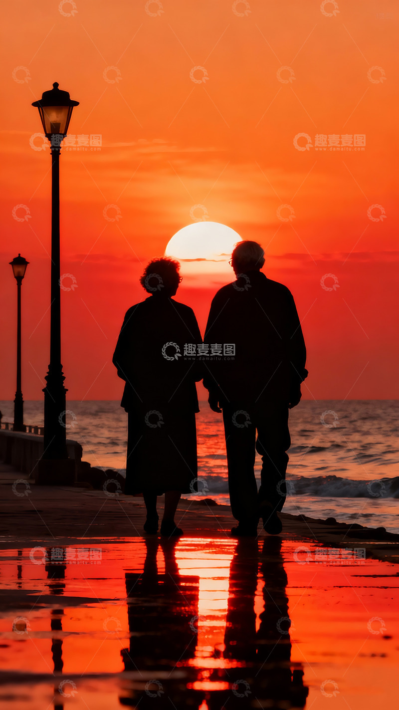 高清大图下载【趣麦麦图】重阳节夕阳下的剪影老年摄影