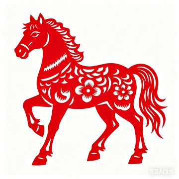 红色传统剪纸中国风国潮马元素