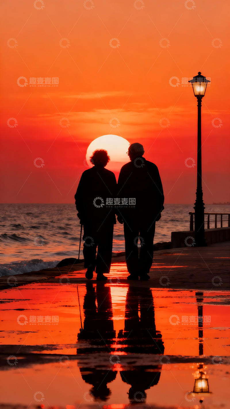 高清大图下载【趣麦麦图】重阳节夕阳下的剪影老年摄影2