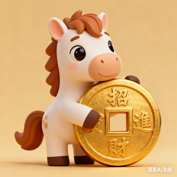 蓝紫卡通立体马抱铜钱可爱马年免抠素材1