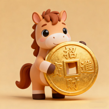 蓝紫卡通立体马抱铜钱可爱马年免抠素材4