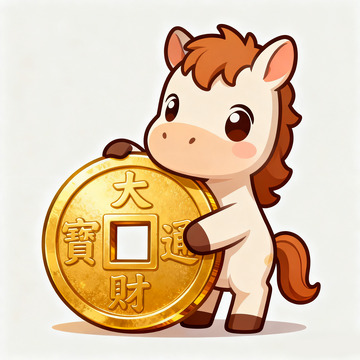 蓝紫卡通立体马抱铜钱可爱马年免抠素材2