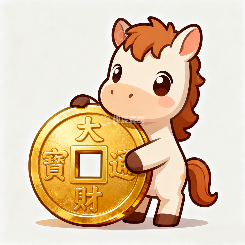 高清大图下载【趣麦麦图】蓝紫卡通立体马抱铜钱可爱马年免抠素材2