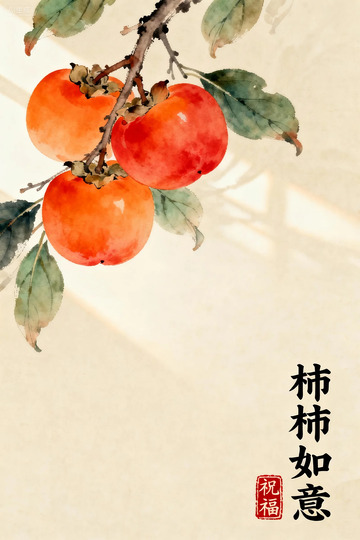 柿柿如意水墨画