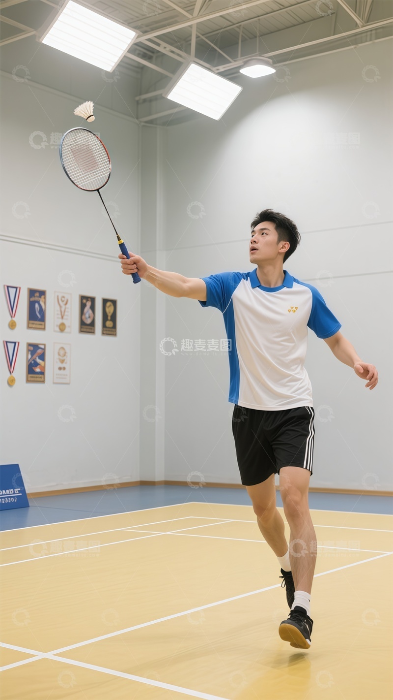高清大图下载【趣麦麦图】羽毛球运动馆内运动员击球瞬间