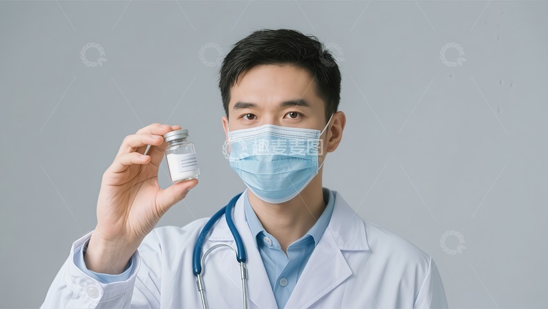 高清大图下载【趣麦麦图】医生展示疫苗瓶白色背景