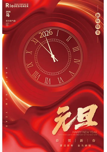 红色新年时钟海报设计素材