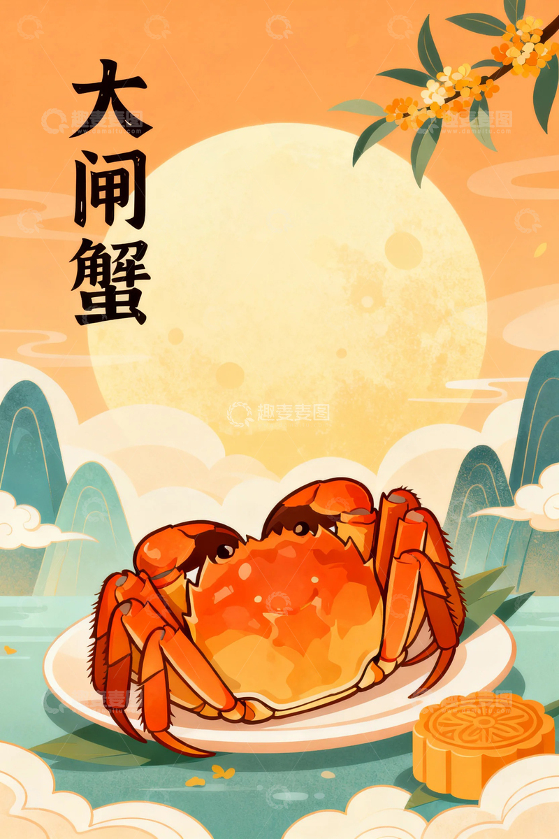 高清大图下载【趣麦麦图】大闸蟹国风背景3