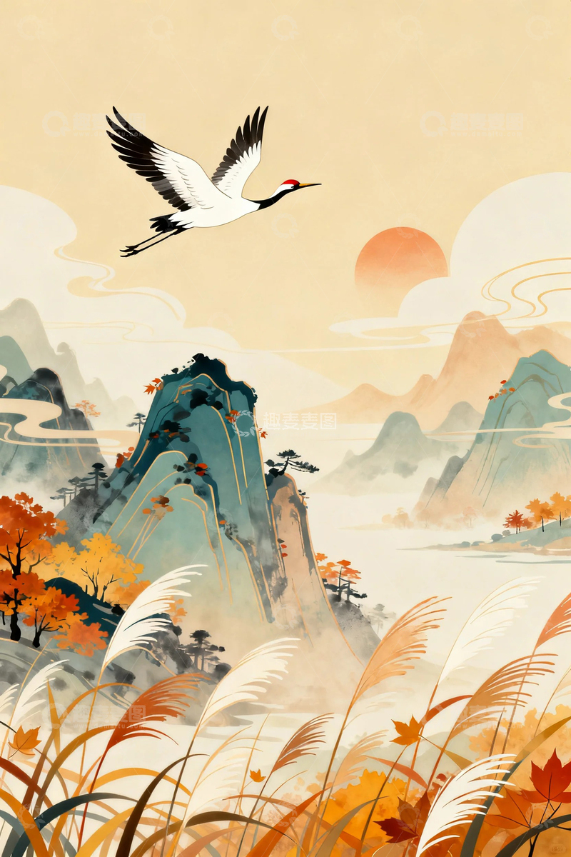 高清大图下载【趣麦麦图】国风水墨秋天背景4