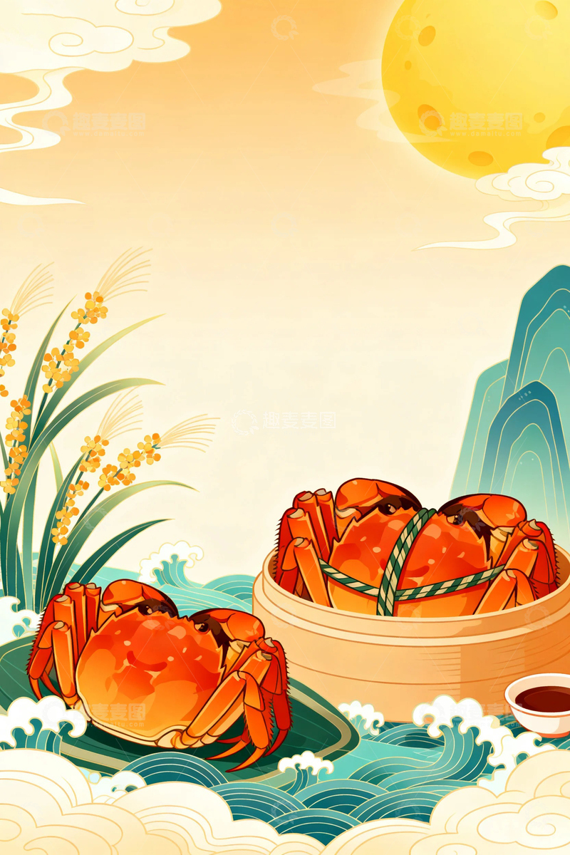 高清大图下载【趣麦麦图】大闸蟹国风背景9