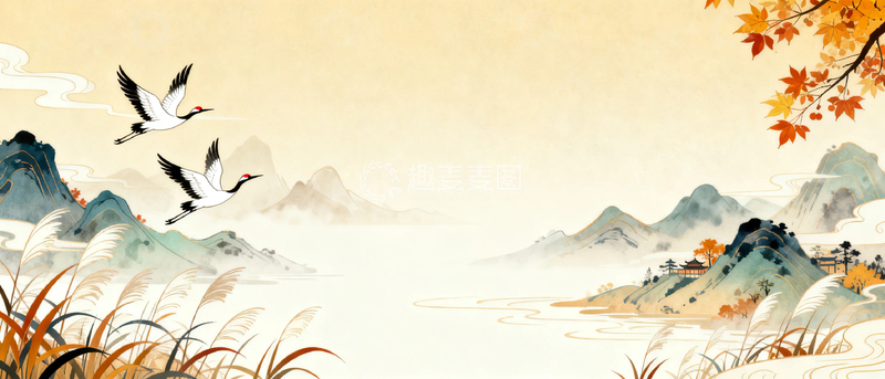 高清大图下载【趣麦麦图】国风水墨秋天背景7