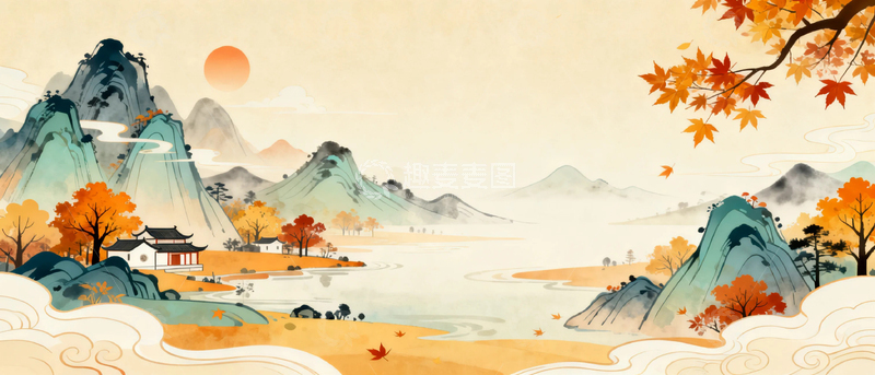 高清大图下载【趣麦麦图】国风水墨秋天背景10