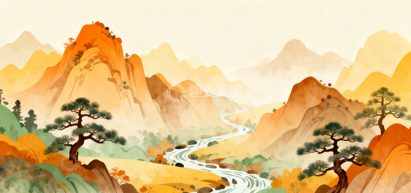 高清大图下载【趣麦麦图】国风水墨秋天背景1