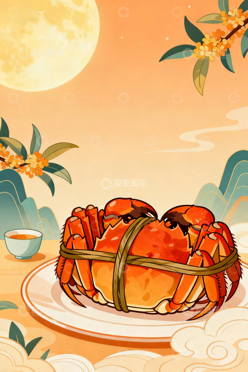 高清大图下载【趣麦麦图】大闸蟹国风背景7