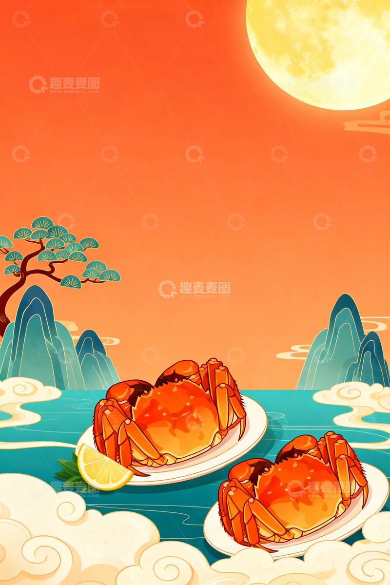 高清大图下载【趣麦麦图】大闸蟹国风背景1