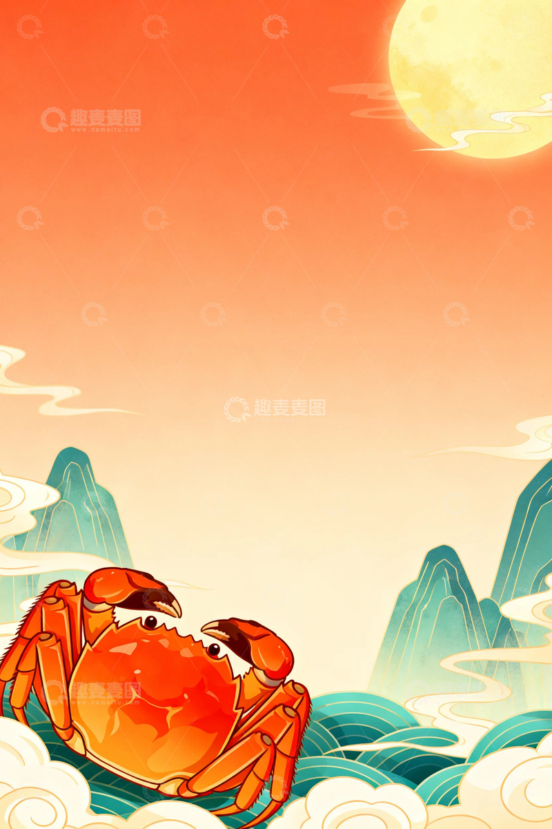 高清大图下载【趣麦麦图】大闸蟹国风背景8