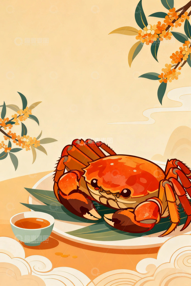 高清大图下载【趣麦麦图】大闸蟹国风背景6